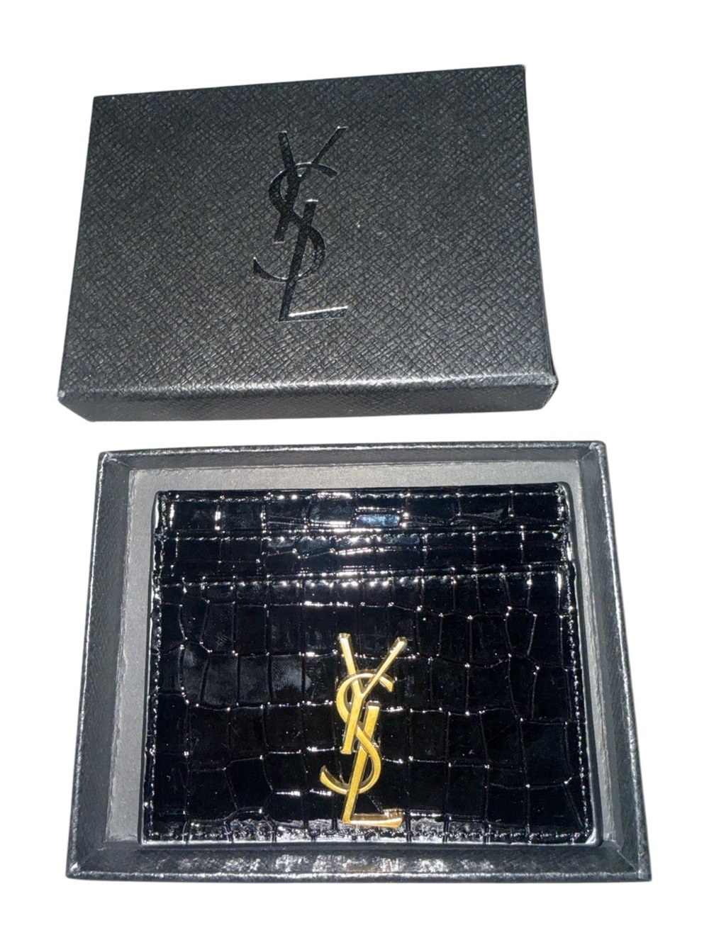 Black Croc Embossed Card Holder Slim Wallet Credit Card Case Gold Hardware